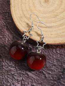 新款星星和樱桃设计耳环，奢华水钻优雅时尚吊坠耳环，别致甜美风格 - 紅色 - 查看 3