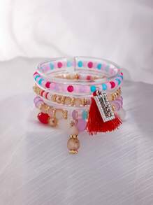4pcs/Set Bohemian Elegant Sparkling Tassel Beaded Elastic Bracelet Set, Suitable For Women's Daily Wear, Birthday Party, Vacation, Gift