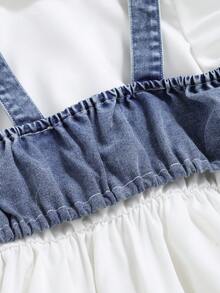 女童夏季泡泡袖拼接下摆连衣裙 + 牛仔吊带开衫套装，时尚百搭返校套装 - 白色 - 查看 8