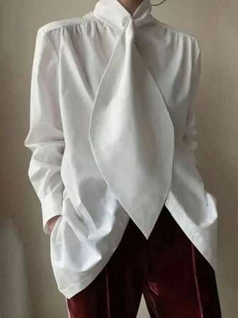 Plus Size Elegant Women Long Sleeve Shirt With Tie Collar Detail - Solid Color
