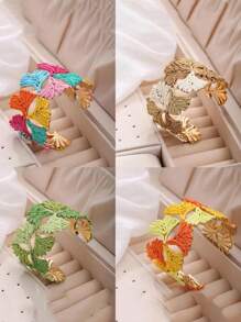 1pc Elegant Fashionable Ginkgo Leaf Raffia Open Bangle Bracelet, 6 Color Option, Suitable For Beach, Hawaii Travel Wear