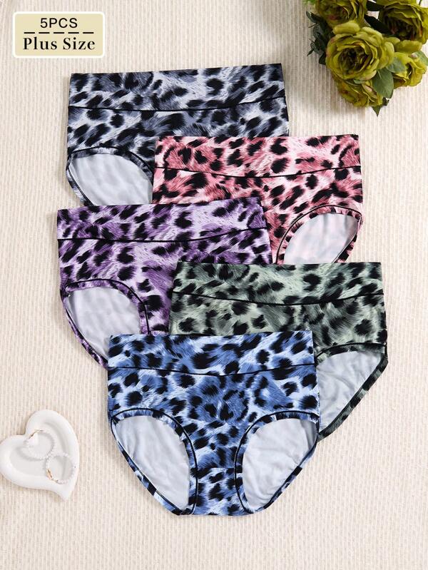 5pcs/Pack Plus Size Colorful Leopard Print Comfortable High Waisted Bikini Briefs