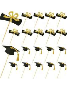 20 Pcs Graduation Cupcake Toppers Glitter Graduation Cap Cupcake Toppers Gold Congrats Grad Centerpiece Sticks Black For Graduation Party Decorations