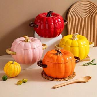 1pc Creative Pumpkin Shaped Ceramic Soup Pot, 1500ml/50.72oz With Handle And Lid (Not For Open Flame), Cute Baking Dish, Pumpkin Pie Bowl, Harvest Festival Thanksgiving Tableware, Oven, Dishwasher And Microwave Friendly, Thanksgiving Day Gift, Harvest Festival, Family Dinner