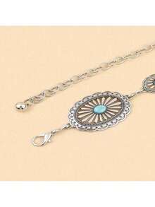 Turquoise Green Engraved Silver Waist Chain, Elegant Geometric Embossed Belly Chain Decorative Accessory For Women, Middle Eastern Style Summer - Antique Silver - View 2