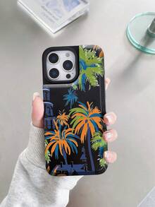 1 pieza Funda de teléfono móvil multifuncional con palmera, edificios y patrón colorido que puede almacenar tarjetas de crédito, tarjetas bancarias y monedas, adecuada para todos los modelos de teléfonos móviles Apple, puede usarse para los modelos 11/12/13/14/15/16/Pro/Plus/Pro Max/16e - Negro - Ver 4