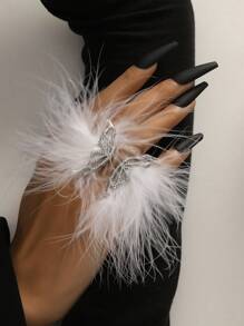 1 pieza Anillo abierto con diseño de mariposa con pluma blanca angelical y strass, estilo nupcial