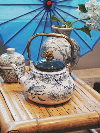 1pc, White Background With Butterfly Flower Ancient Bell Enamel Water Kettle, Can Be Directly Heated Throughout The Year For Boiling Water Kettles, Tea POTS, Coffee POTS, Tea POTS For Roasting Tea Around A Stove And Afternoon Tea, And Gift POTS For Giving To Relatives And Friends On Festivals And Birthdays