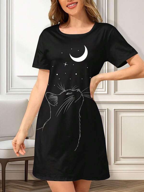Women Cute Cat And Moon Print Knitted Sleepshirt Dress, Suitable For Spring And Summer, Casual Short Sleeve T-Shirt And Mini Skirt Set