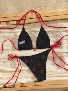 Cherry Print Bikini Set With Red Tie Straps, Casual/Holiday Vacation Beach Black - Black - View 2