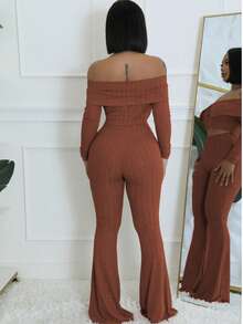 2 stuks effen dames off-shoulder top met lange mouwen en broek, casual pak, herfstkleding, terug naar school - Bruin - Bekijken 2