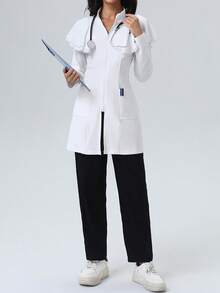 Double Pocket Open Front Long Sleeve Lab Coat, Nursing Scrub Uniform Jacket With Frill Edge, /Dental/Clinic/Salon/Psychologist Scrub Uniform Outerwear