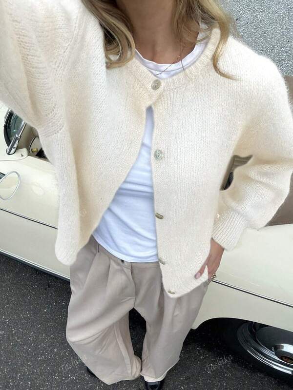 Women Casual Loose Small Round Neck Zip-Front Design Solid Color Knitted Cardigan, Suitable For Daily Wear And Travel, Autumn/Winter