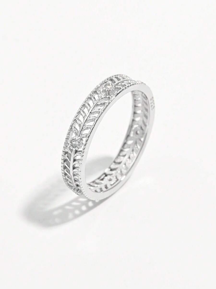 1pc Elegant & Fashionable 925 Silver Hollow Olive Branches Design Cubic Zirconia Ring, Romantic & Charming For Women, Great For Dates, Parties, Gift On Valentine's Day