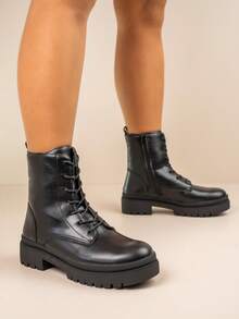 Faux Leather Chunky Sole Lace-Up Combat Boots - Black - View 3