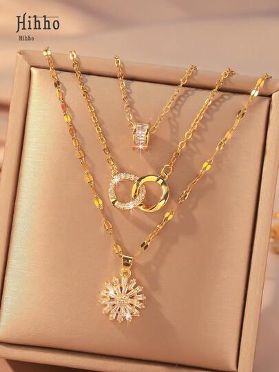 Hihho 3 st fashionabla & lyxiga dubbelring hängande halsband Set med Cubic Zirconia inlagda blommor, rostfritt stål kedja för kvinnor; Perfekt för dagligt slitage, dekoration och present Alla hjärtans dag, mamma, mor, mors dag, present