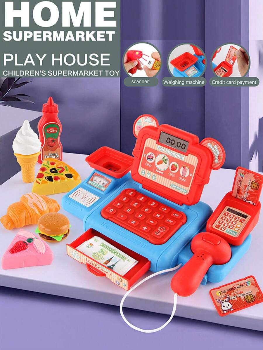 Mini Realistic Cash Register Toy With Scanning Function And Multi-Functional Sound & Light Effects, Supermarket Theme Fruit & Vegetable Basket Set, Ideal Gift For Christmas And Role-Playing