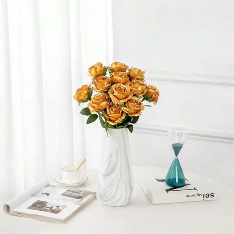 100pcs Artificial Golden Rose Flowers, Fake Roses, Suitable For DIY Wedding Bouquets, Tabletop Decor, Bridal Shower, Valentine's Day Decoration, Baby Shower, Home Decor, Indoor/Outdoor Decoration, Vase Filler, Floral Arrangements, Centerpieces - Gold - View 8
