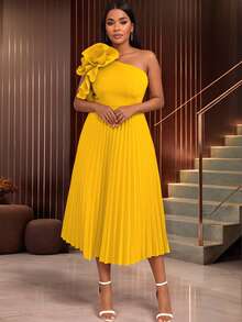 One Shoulder Oblique Collar Pleated Graduation Dress, Christmas Party Outfit,For Date,Party,Wedding Dress,Bridesmaid Dress,Graduation Dress,Wedding Guest Back To School - Yellow - View 2