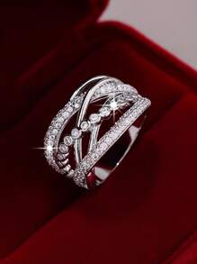 1pc Elegant Exquisite Sparkling Criss-Cross Design Cubic Zirconia Wide Band Ring, Gift For Women On Valentine's Day, Anniversary, Suitable For Wedding, Engagement, Casual Wear, Birthday Party