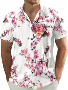 Men's Flower Casual Button Down Short Sleeve Hawaiian Shirt - Xanh Hồng - Xem 7
