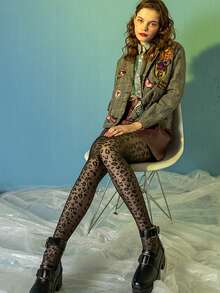 1 双女士性感豹纹连裤袜，修身时尚百搭紧身裤 - 黑色 - 查看 10