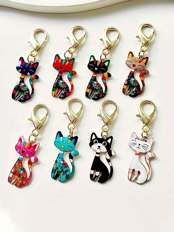8pcs Colorful Fox-Shaped Keychain Set - Durable Zinc Alloy, Floral Pattern Design - Suitable For Handbags, Backpack, Car Keys - Cute Daily Use And Party Accessories, Wallet Pendant Party Gift Father's Day Gift Back To School Gift