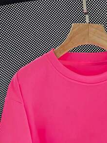 Camiseta de cuello redondo con estampado de gato y corazón de dibujos animados para niñas, top casual y suave para el verano - Rosa Fucsia - Ver 4