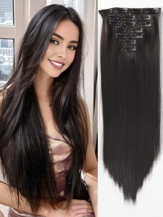 7片/套 18-32英寸夹式合成假发片，浓密自然的黑色假发片