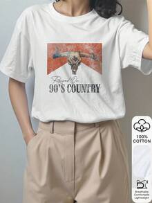 Camiseta de manga corta de 100% algodón con estilo country de los 90 y estampado de cabeza de toro para mujer, camiseta de verano, camiseta gráfica, atuendo de verano casual, camiseta de algodón, top de verano, estampado, camiseta de verano para mujer, top, ropa de verano, vacaciones, viajes, estilo de playa, ropa de resort minimalista - Blanco - Ver 3