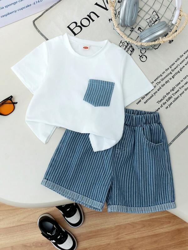 Conjunto de 2 peças Young BoyFashion Casual Listras e Bolso Jeans Camisa de Manga Curta + Shorts Jeans Listrados Versáteis e Confortáveis