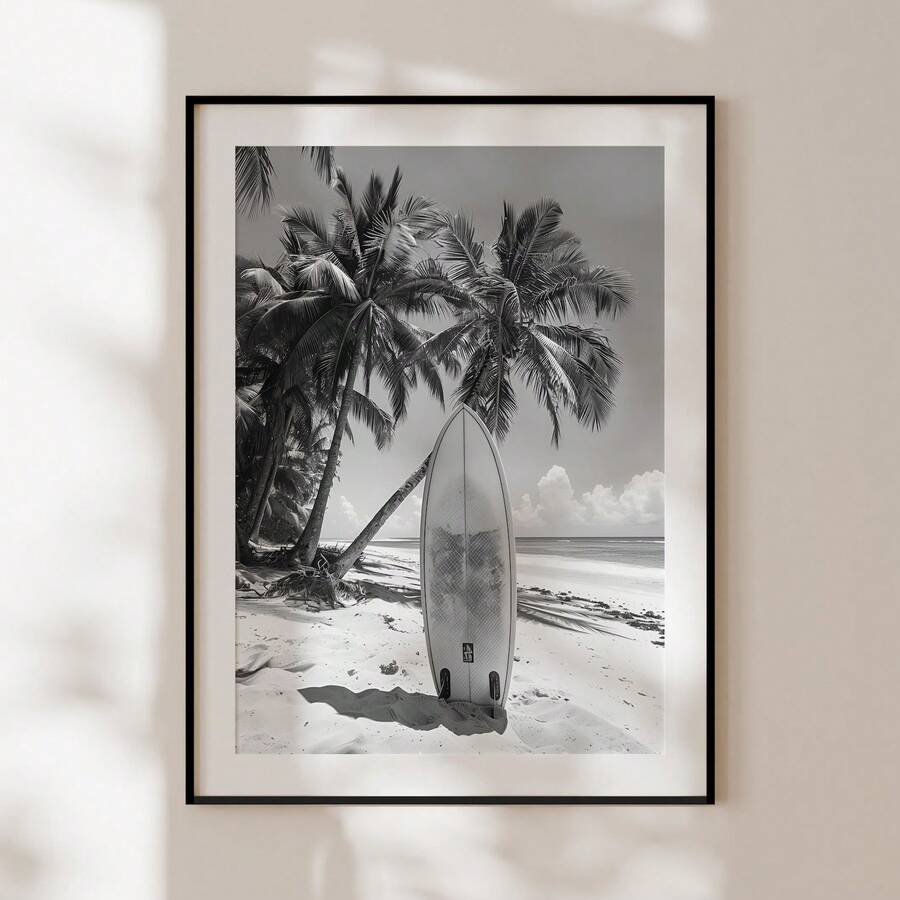 1 pieza Arte de pared sin marco Escape costero - Fotografía de playa en blanco y negro con palmeras y silueta de tabla de surf vintage, impresión de arte de retiro oceánico minimalista, decoración de vacaciones de lujo para dormitorio/sala de estar/estudio/dormitorio/casa de playa - Blanco y Negro - Ver 1