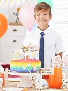 3件套缎面蝴蝶结蛋糕装饰摆件 - 婴儿派对甜点装饰，适用于纸杯蛋糕、男女通用生日派对和甜点桌 - 彩色 - 查看 4