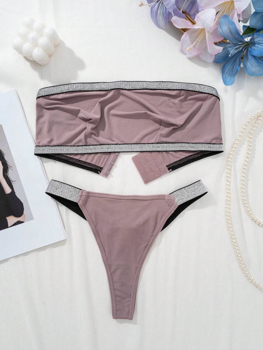 Women's Underwear Set With Metallic Thread Design And Strapless Bandeau & G-String Style - Dusty Pink - View 1