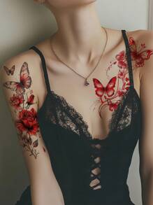 2pcs Temporary Tattoo Stickers, Featuring A Red Butterfly And Rose Design. Waterproof Temporary Tattoo Stickers, Suitable For Women's Legs, Arms And Feet. Easy To Use And Remove Temporary Tattoos, Perfect For Women's Body Art Fake Tattoos.