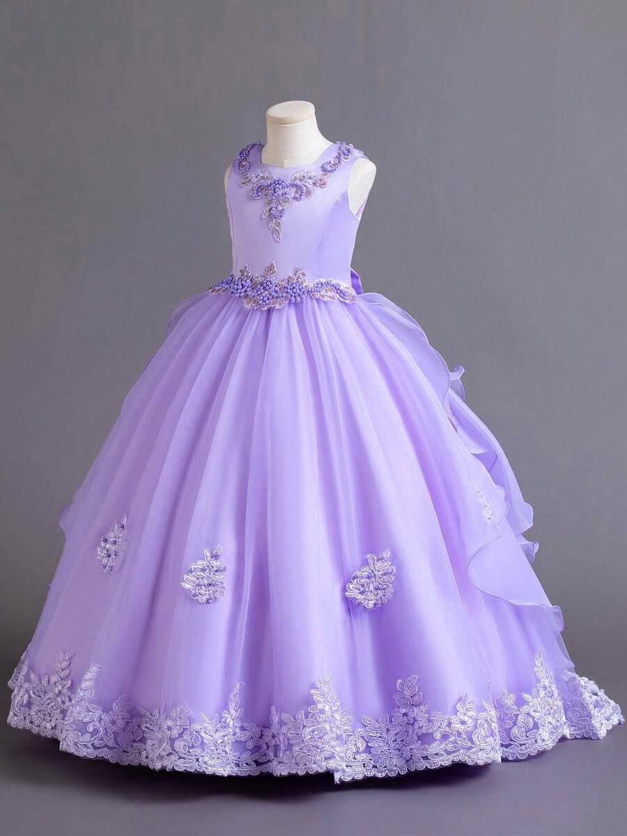 Flower Girl Dress Princess Puffy Tulle Dresses Bridesmaid Wedding Birthday Party Pageant Maxi Prom Gown For Kids - Màu tím hoa cà - Xem 1