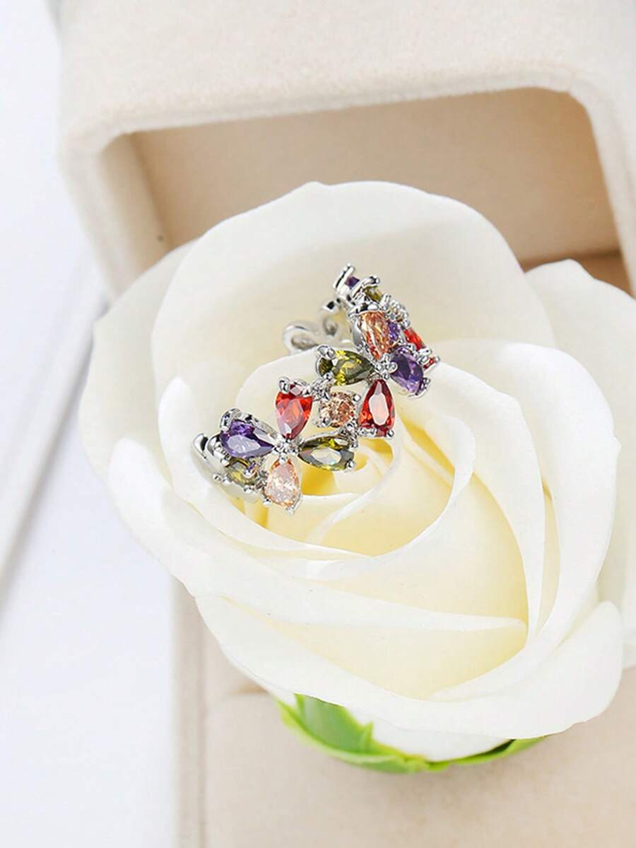 1 件时尚彩色方晶锆石花朵戒指，女士适用 - 彩色 - 查看 1