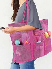 网状沙滩包大号沙滩手提包，带拉链封口的多用途整理袋，可折叠便携大号网状手提包，轻便，适合家庭沙滩包，可装玩具和度假必需品，书包，大容量，防水，轻便 - 彩色 - 查看 3