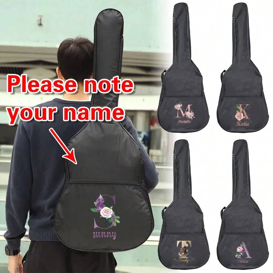 1 pieza Bolsa de guitarra acústica personalizada de 31 a 41 pulgadas, funda de guitarra con patrón de letra inicial personalizado de la A a la Z, bolsa de transporte de guitarra con ajuste personalizado, mochila de guitarra con correa de hombro ajustable, funda de guitarra acústica con doble correa - Negro - Ver 1