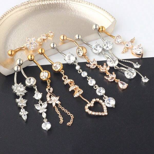 7Pcs/Set Clover Navel Piercing, Zirconia Navel Ring/Piercing Jewelry, Rhinestone Navel Rings/Zirconia Navel Stud Set
