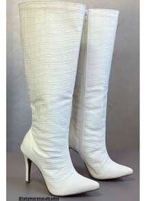 Women's Long Boot With Thin Heel - White - View 3