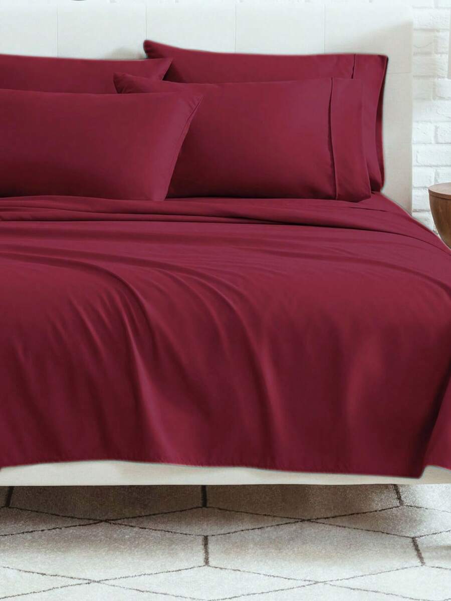 6-Piece Bed Sheet Set – Twin/Full/Queen/King Sizes | Soft Microfiber | Deep Pocket Fitted Sheet | Cooling, Wrinkle-Free, Summer And All-Season Comfort | Includes 1 Flat Sheet, 1 Fitted Sheet, 4 Pillowcases - 酒紅色 - 查看 1