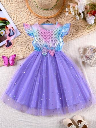 Abito casual da ragazza con maniche a cappuccio, asimmetrico, a sirena, con motivo floreale a scaglie, fiocco, decorazione in rete e paillettes