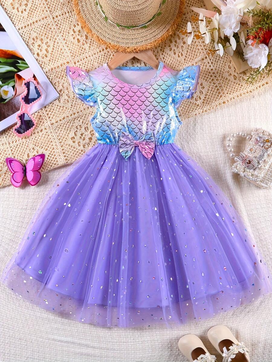 Kleine Mädchen Lässig Kleid mit Puffärmeln, asymmetrischem Meerjungfrauenschuppen-Blumenmuster, Schleife, Mesh und Pailletten Dekor