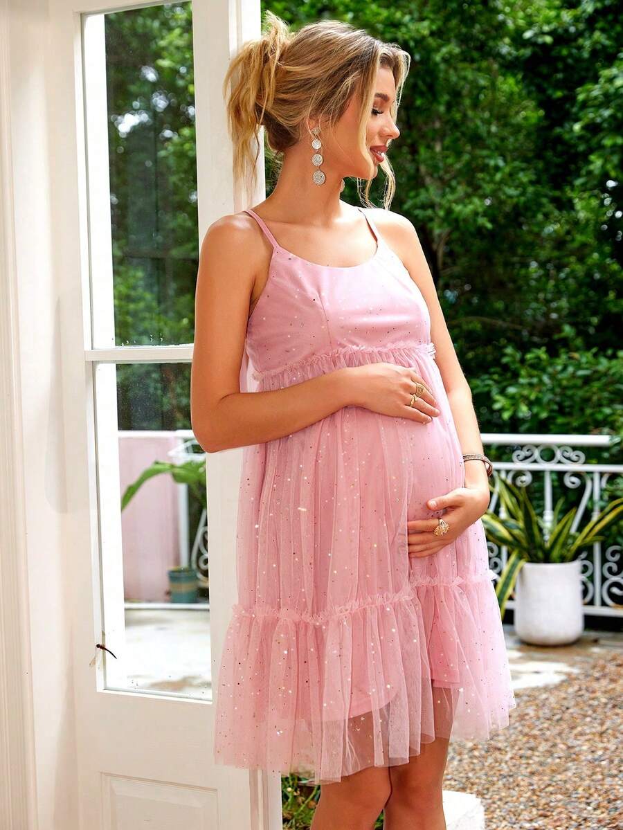 Joyfunear Vestido casual de maternidad de unicolor y minimalista con tirantes de malla - Rosa - Ver 1