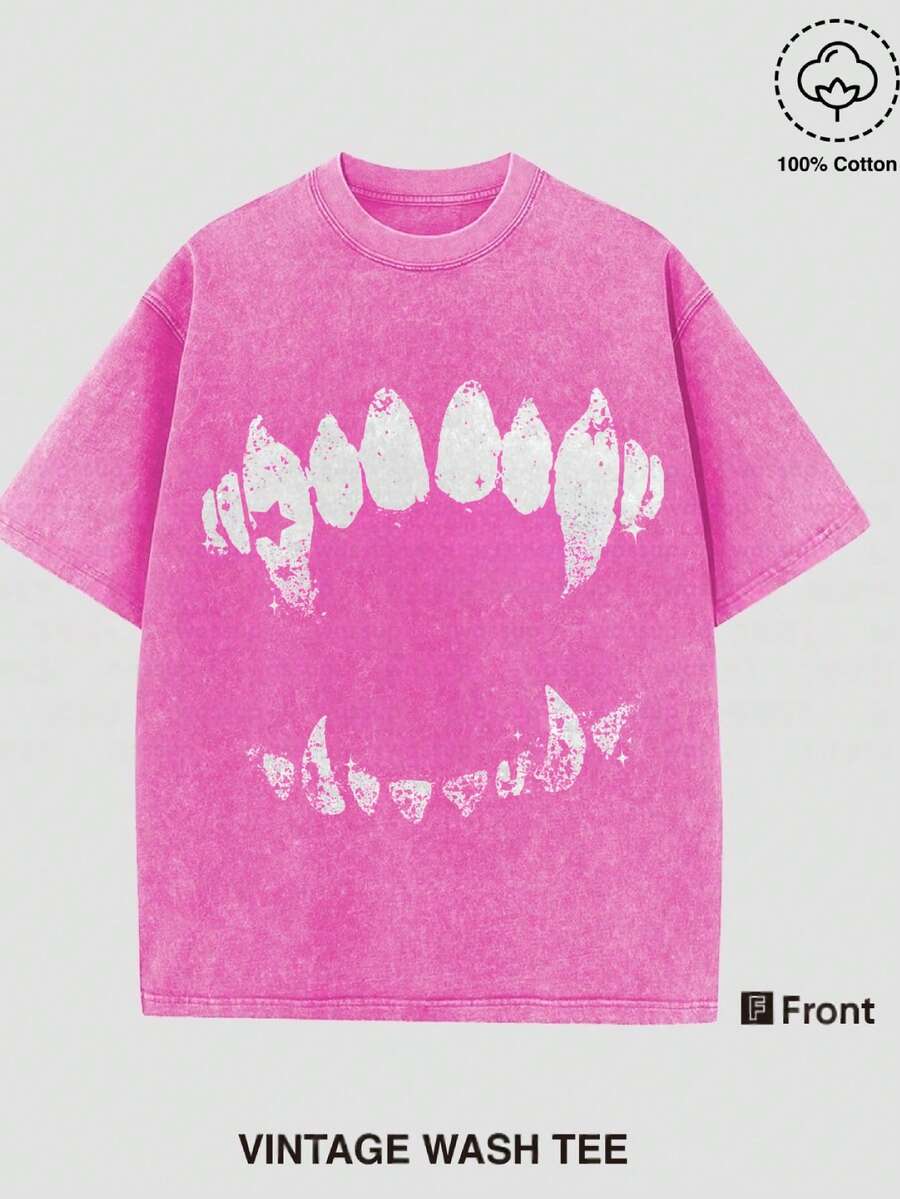 Funny Graphic Tee Short Sleeve T-Shirt Vintage Wash Tee Black Teeth Graphic Print Casual Daily Wear Y2K Street Wear Unique Quirky Pattern Short-Sleeve T-Shirt - Hồng - Xem 1