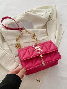 Bolsa quadrada pequena com aba, padrão de losango de cor sólida, bolsa transversal com alça de corrente de PU da moda, decoração de borla, mini bolsa de ombro, carteira, adequada para compras - Pink - Visão 8