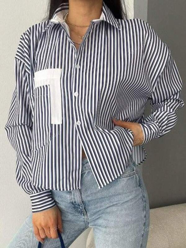 Contrast Color Pocket Fashionable Versatile Casual Striped Business Casual Women Shirt, Back To School Striped Shirt, Teacher Autumn Top