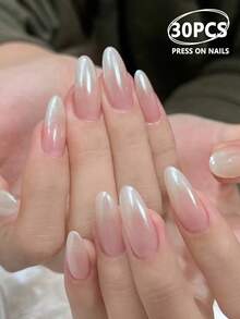 54 件简约风格夏季美甲套装，适合女孩日常佩戴，全覆盖按压式指甲，包括裸色和乳白色渐变杏仁形手指甲和脚趾甲、甜美果冻凝胶指甲贴和缓冲块指甲用品指甲 - 彩色 - 查看 14