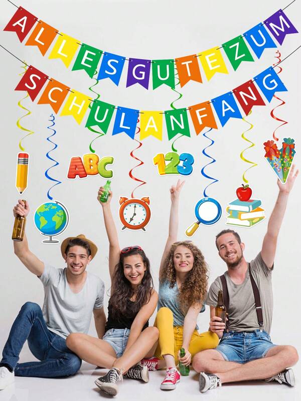 10 piezas Decoraciones para la fiesta de vuelta al colegio, Pancarta de arcoíris "ALLES GUTE ZUM SCHULANFANG" y remolinos estilo alemán, decoraciones colgantes de lápiz y manzana para el primer día de colegio para maestros, suministros para fiesta en el aula